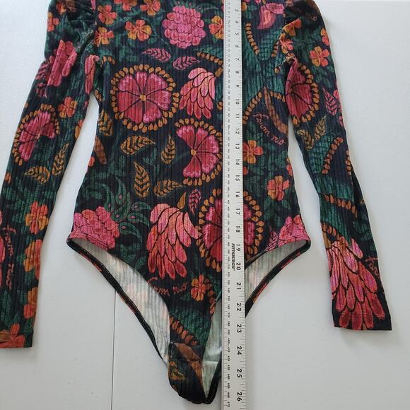 Farm Rio Bodysuit Womens Small Multicolor Floral Tropical Long Sleeve Stretch - Picture 6 of 8